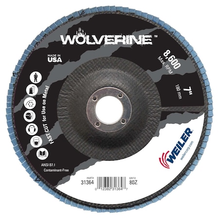 Weiler 7" Abrasive Flap Disc, Conical (TY29), Phenolic Backing 80Z, 7/8" 31364